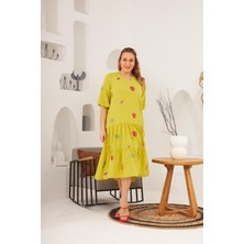 Rmg Yaka ve Nakış Detaylı Büyük Beden Elbise Olive