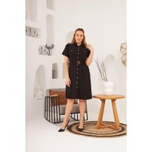 Rmg Kemer ve Cep Detaylı Düğmeli Kısa Kol Büyük Beden Elbise Siyah