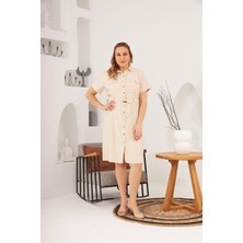 Rmg Kemer ve Cep Detaylı Düğmeli Kısa Kol Büyük Beden Elbise Krem