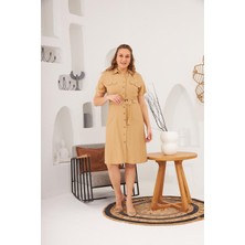 Rmg Kemer ve Cep Detaylı Düğmeli Kısa Kol Büyük Beden Elbise Vizon