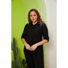 Rmg Cep ve Kol Detaylı Büyük Beden Siyah Gömlek