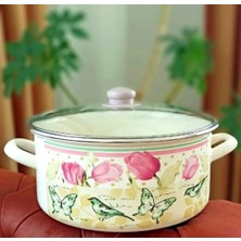 Ebruli Emaye Pembe  Lale Emaye Vintage Tencere 7 Litre Büyük Boy 28 Cm Çap Süt Yoğurt Spagetti Tenceresi