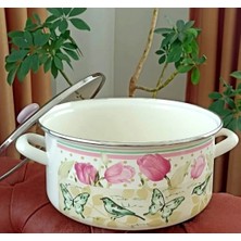 Ebruli Emaye Pembe  Lale Emaye Vintage Tencere 7 Litre Büyük Boy 28 Cm Çap Süt Yoğurt Spagetti Tenceresi