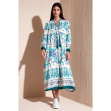 Lela Desenli Regular Fit Bağlamalı V Yaka Maxi Elbise Kadın Elbise 611EL510