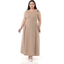 Disentis Modest Büyük Beden Cep Ve Arka Belde Lastik Büzgü Detaylı Keten Uzun Vizon Elbise