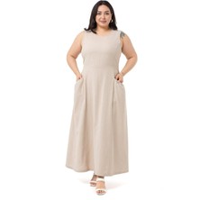 Disentis Modest Büyük Beden Cep Ve Arka Belde Lastik Büzgü Detaylı Keten Uzun Bej Rengi Elbise