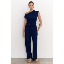 Yakamel Kadın Bol Paça Dokulu Yazlık Palazzo Pantolon