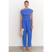 Yakamel Kadın Bol Paça Dokulu Yazlık Palazzo Pantolon