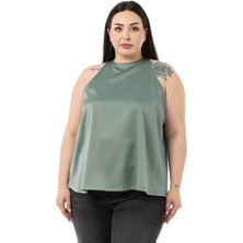 Disentis Modest Büyük Beden Halter Yaka Saten Dokulu Astarlı Mint Yeşili Bluz