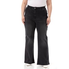 Disentis Modest Büyük Beden Önü Kraşlı Yüksek Bel Ispanyol Paça Siyah Denim Pantolon