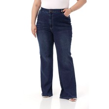 Disentis Modest Büyük Beden Önü Kraşlı Yüksek Bel Ispanyol Paça Lacivert Denim Pantolon