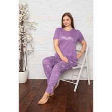 Bie's Lila Çiçekli Düğmesiz Yuvarlak Yaka Geniş Battal Beden Viskon Cepli Büyük Beden Pijama Takımı