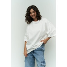 Yakamel Kadın Oversize Penye Kısa Kollu T-Shirt