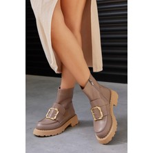 Napoli Vizon Hakiki Deri Altın Tokalı Kadın Bot