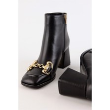 Lorena Siyah Hakiki Deri Altın Tokalı Topuklu Bot