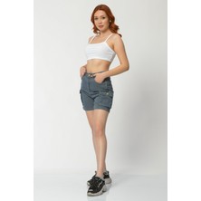 Whatsup Kargo Cepli Denim Kadın Şort - Gri Gri - 30