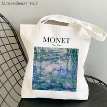 Songli B2960 Kadın Omuz Çantası Monet Nilüferler Kawaii Çanta Harajuku Alışveriş Kanvas Alışveriş Çantası Kız Çanta Tote Shopper Bayan Çantası (Yurt Dışından)