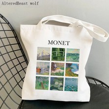 Songli B2960 Kadın Omuz Çantası Monet Nilüferler Kawaii Çanta Harajuku Alışveriş Kanvas Alışveriş Çantası Kız Çanta Tote Shopper Bayan Çantası (Yurt Dışından)