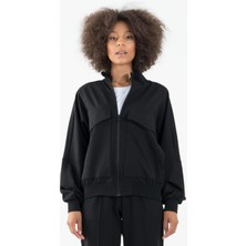 Maraton Sportswear Oversize Kadın Dik Yaka  Uzun Kol Basic Siyah Tracktop 22176