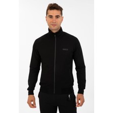 Maraton Sportswear Comfort Erkek Dik Yaka  Uzun Kol Basic Siyah-Siyah Eşofman Üstü 21390