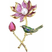 Solfera Pembe Lotus Çiçeği Daldaki Kuş Renkli Metal Broş RZ192