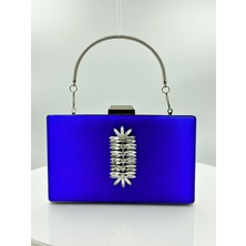 Biçanta Saks Mavisi Renk Saten Gümüş Kasalı Gümüş Taşlı Abiye Çanta Gece Çantası Düğün Nişan Portföy