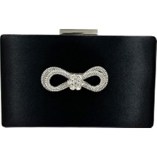 Biçanta Siyah Renk Saten Gümüş Kasalı Gümüş Taşlı Abiye Çanta Gece Çantası Düğün Nişan Portföy