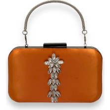 Biçanta Turuncu Renk Saten Gümüş Kasalı Gümüş Taşlı Kulplu Saplı Abiye Gece Çantası Düğün Portföy