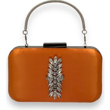 Biçanta Turuncu Renk Saten Gümüş Kasalı Gümüş Taşlı Kulplu Saplı Abiye Gece Çantası Düğün Portföy