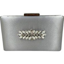 Biçanta Vizon Renk Saten Gümüş Kasalı Gümüş Taşlı Abiye Çanta Gece Çantası Düğün Nişan Portföy