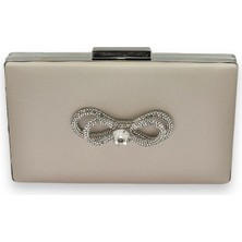 Biçanta Ten Nude Rengi Çizilmeyen Saten Gümüş Taşlı Abiye Çanta Düğün Nişan Çantası