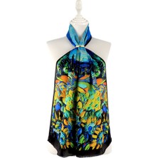 Bursa İpek Mavi Gün Çiçekleri Desen Ipek Fular