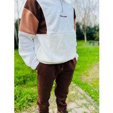 Acs Wear Unisex Rahat Kesim Pamuklu  Yarım Fermuarlı Beyaz Dik Yaka Sweatshırt