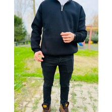 Acs Wear Unisex Rahat Kesim Pamuklu Yarım Fermuarlı Siyah Dik Yaka Sweatshırt