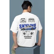 Oversize Mavi Gtr 34 Nissan Skyline Sırt Baskılı Tişört, Erkek-Kadın Araba Temalı Couple T-Shirt