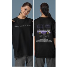 Unisex Mor Porsche 911 Sırt Baskılı Çift T-Shirt, Oversize Yarış Araba Temalı Tişört