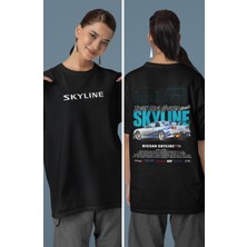 Fuddy Moda Unisex Turkuaz Skyline GTR34 Sırt Baskılı Çift T-Shirt, Oversize Yarış Araba Temalı Tişört