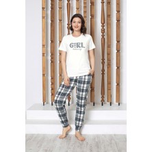 Bie's Beyaz Ekose Düğmesiz Bisiklet Yaka Pamuklu Kısa Kol Cepli Jogger/Dar Paça Pijama Takımı