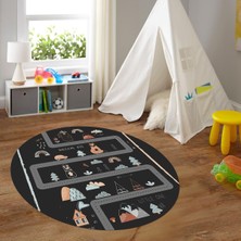Napoli Home Dijital Baskılı Kaymaz Yıkanabilir Eğlenceli Yuvarlak Çocuk Odası Halısı, N-Y-Çocuk-16-Antrasit,