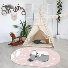 Napoli Home Dijital Baskılı Kaymaz Yıkanabilir Eğlenceli Eğitici Oval Çocuk Odası Halısı, N-O-Çocuk-22-Pembe,