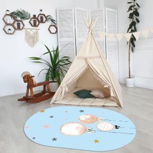 Napoli Home Dijital Baskılı Kaymaz Yıkanabilir Eğlenceli Eğitici Oval Çocuk Odası Halısı, N-O-Çocuk-24-Mavi,