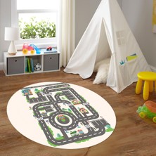 Napoli Home Dijital Baskılı Kaymaz Yıkanabilir Eğlenceli Yuvarlak Çocuk Odası Halısı, N-Y-Çocuk-17-Krem,