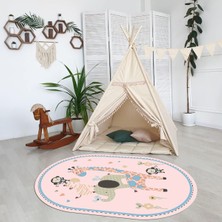 Napoli Home Dijital Baskılı Kaymaz Yıkanabilir Eğlenceli Eğitici Oval Çocuk Odası Halısı, N-O-Çocuk-21-Pembe,