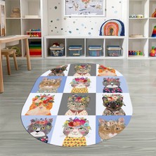Napoli Home Dijital Baskılı Kaymaz Yıkanabilir Eğlenceli Eğitici Oval Çocuk Odası Halısı, N-O-Çocuk-11-Mavi,