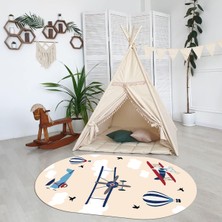 Napoli Home Dijital Baskılı Kaymaz Yıkanabilir Eğlenceli Eğitici Oval Çocuk Odası Halısı, N-O-Çocuk-23-Krem,