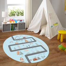 Napoli Home Dijital Baskılı Kaymaz Yıkanabilir Eğlenceli Yuvarlak Çocuk Odası Halısı, N-Y-Çocuk-16-Mavi,