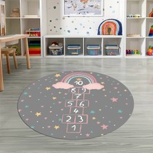 Napoli Home Dijital Baskılı Kaymaz Yıkanabilir Eğlenceli Yuvarlak Çocuk Odası Halısı, N-Y-Çocuk-12-Antrasit,