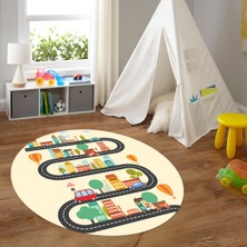 Napoli Home Dijital Baskılı Kaymaz Yıkanabilir Eğlenceli Yuvarlak Çocuk Odası Halısı, N-Y-Çocuk-18-Krem,
