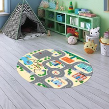 Napoli Home Dijital Baskılı Kaymaz Yıkanabilir Eğlenceli Yuvarlak Çocuk Odası Halısı, N-Y-Çocuk-47-Krem,