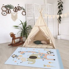 Napoli Home Dijital Baskılı Kaymaz Taban Yıkanabilir Eğlenceli Eğitici Çocuk Odası Halısı, N-Çocuk-21-Mavi,
